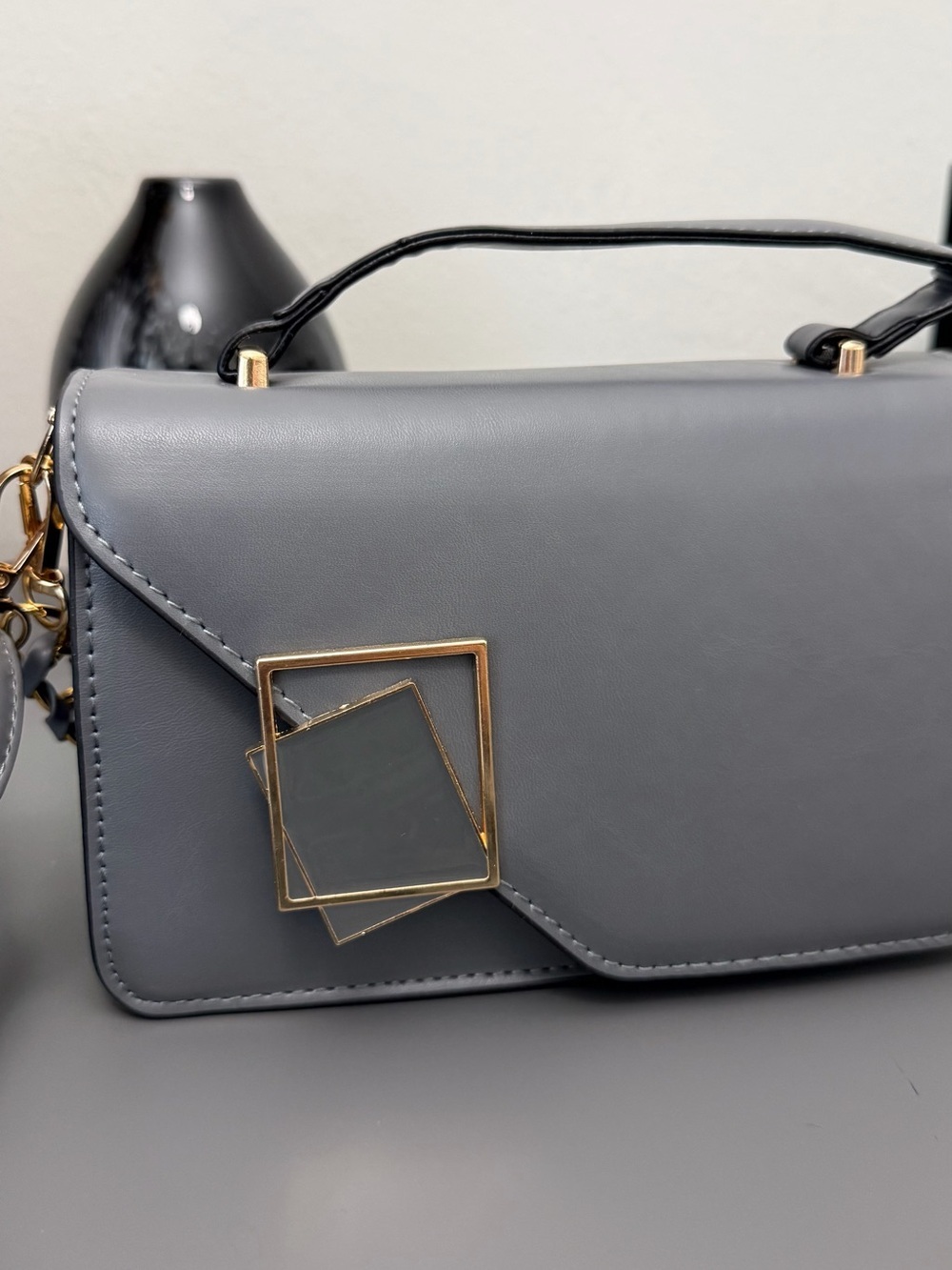 New Gray Top Handle Crossbody Bag Geometric Buckle Faux Leather Structured - Picture 2 of 10